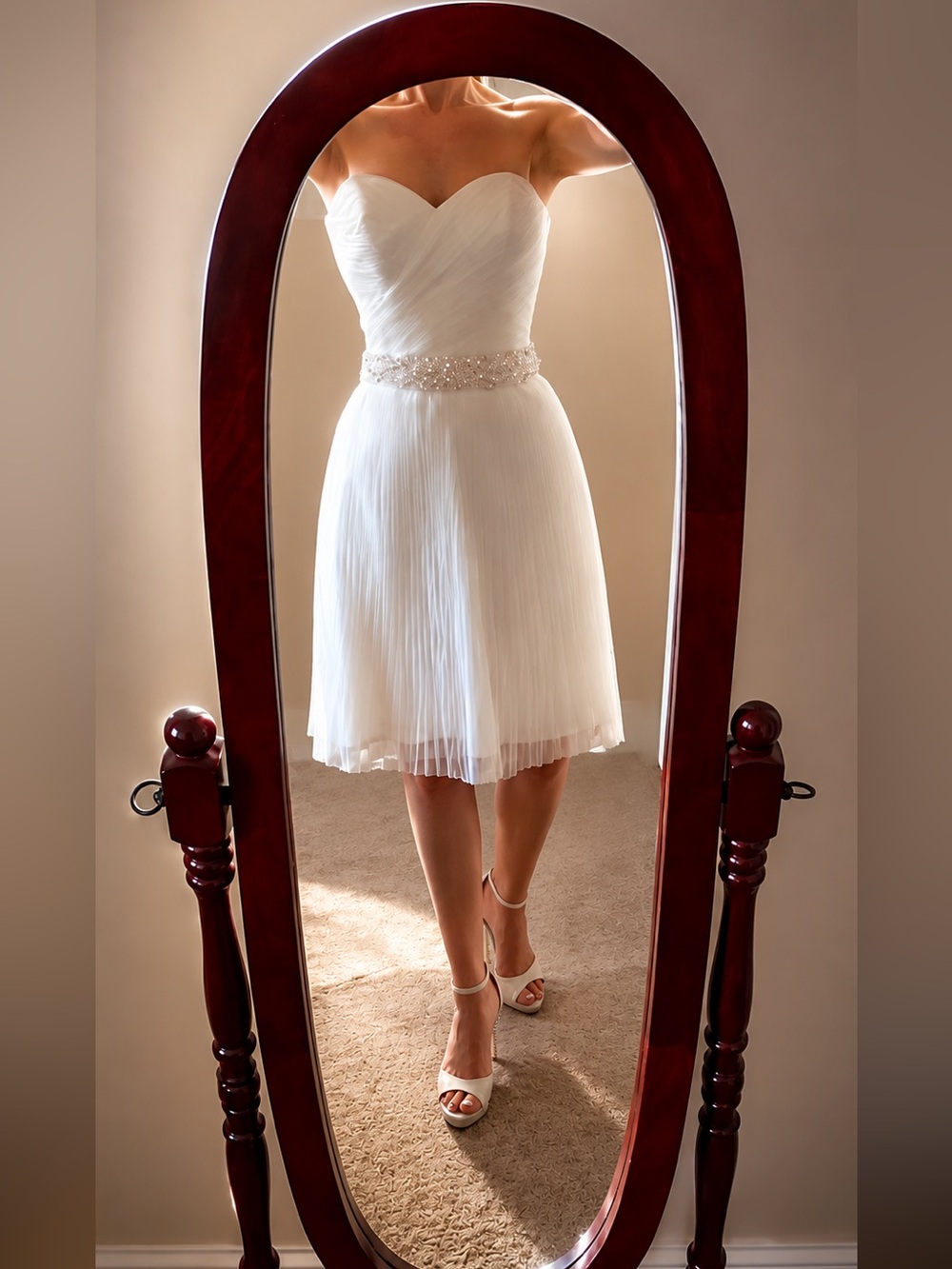 Beaded Ivory Pleated Dress with Crystal Waistband